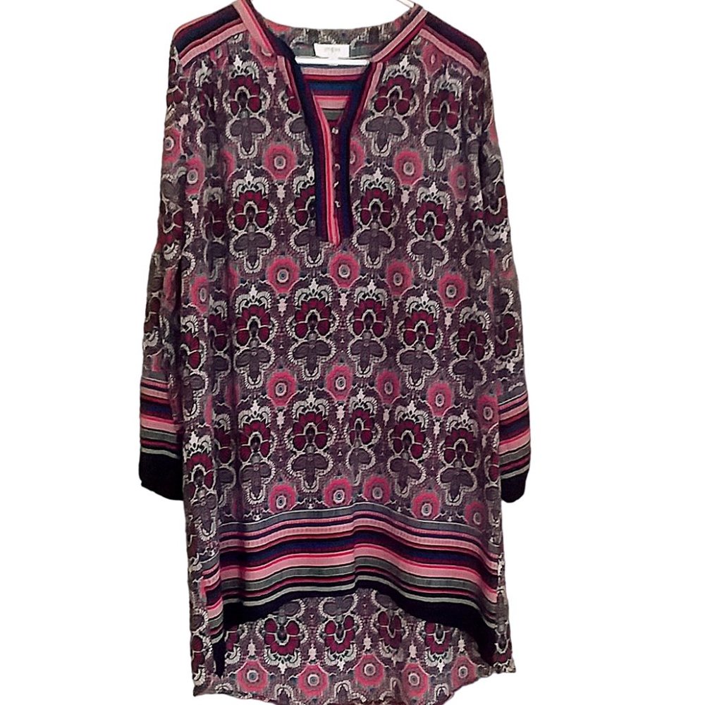Umgee Flowy Boho Tunic Dress with Long Sleeves and High-Low Hemline -- M